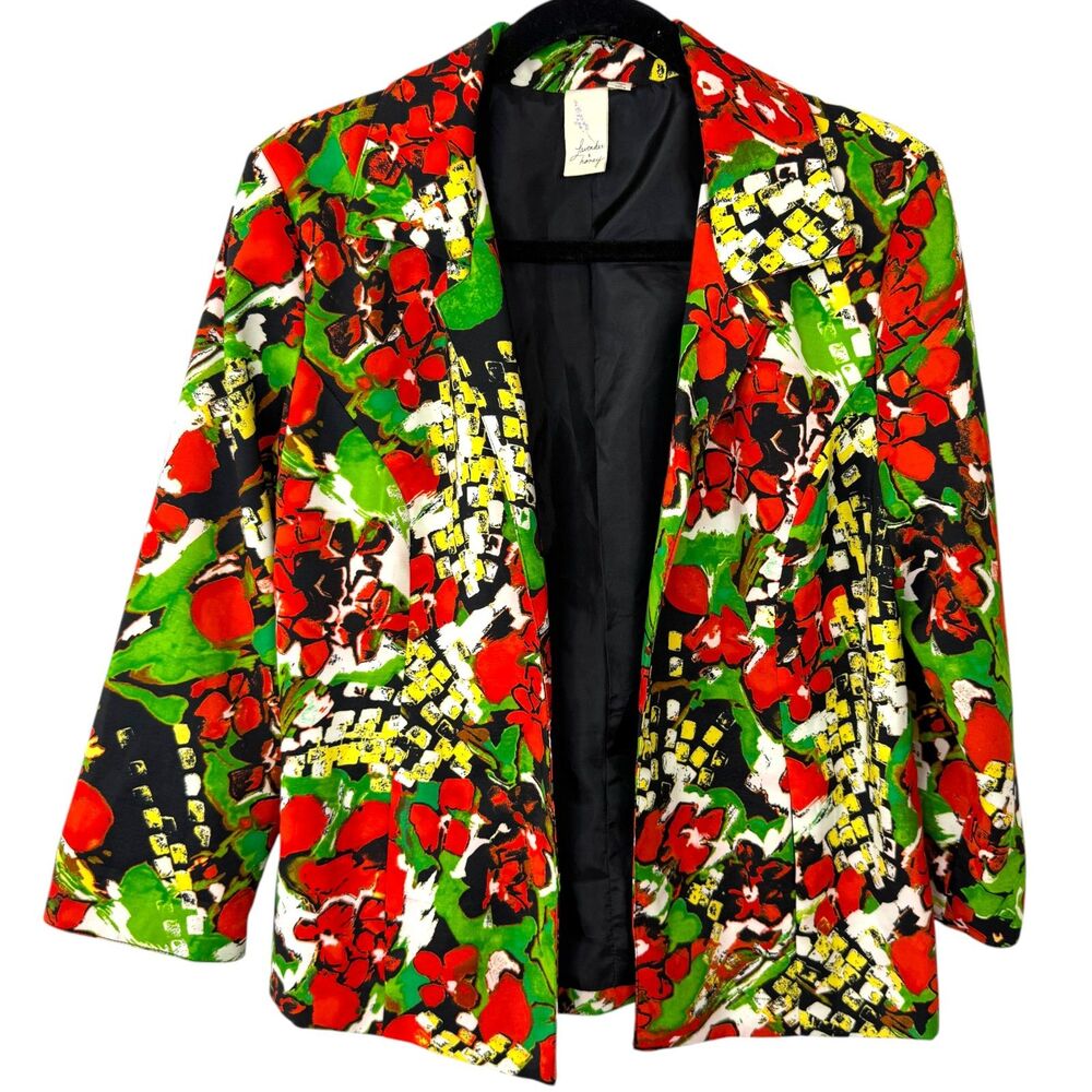 Lavender & Honey Red, green and yellow abstract floral print Blazer Size Medium